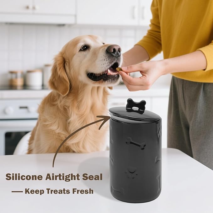 Dog Treat Container Airtight - 9"x5" Black Large Ceramic Dog Treat Jar for Kitchen Counter, Dog Cookie Jar with Lid - Farmhouse Style Dog Food Storage Container for Dogs, Cats, Pets