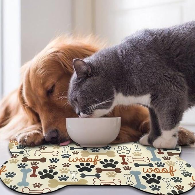 Dog Food Mats for Floors Waterproof, Pet Feeding Absorbent Water Bowl Mat Cat Placemats Beige Bone Shape 19 * 12 inch
