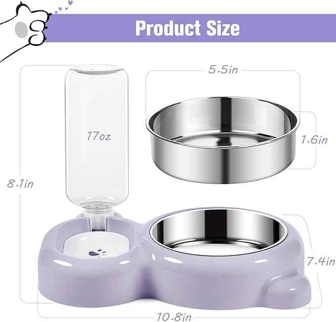 Dog Bowls, Cat Food and Water Bowl Set with Water Dispenser and Stainless Steel Bowl for Cats and Small Dogs - Purple