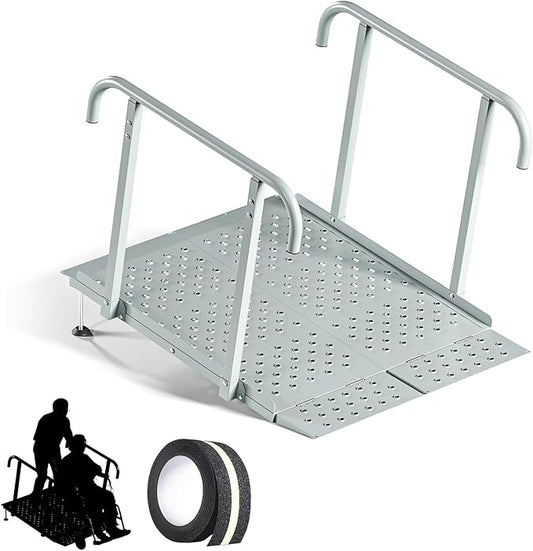 Portable Wheelchair Ramp with Handrails, 1-7" Aluminum Handicap Ramp for Home Steps, Stairs, Porches, Heavy Duty Folding Threshold Ramp with Non-Slip Surface & Safety Rails, Supports up to 770 lbs