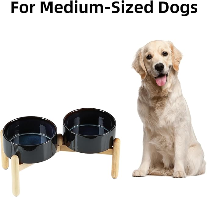 Ceramic 7.3inch Raised Double Bowls Set with Wooden Stand, Food & Water Bowls for Medium Breed Dogs, Weighted Dog Dishes, Pet Feeder(Starry Sky)