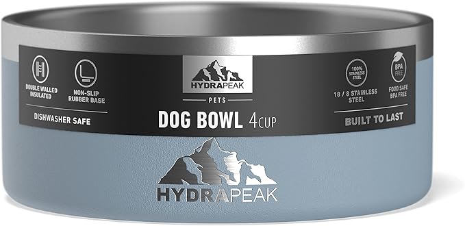 Hydrapeak Dog Bowl; Non Slip Stainless Steel; Water and Food Dish; Large Sized and Small Dogs; 32oz 64oz; Multiple Sizes; 4 Cup | Storm
