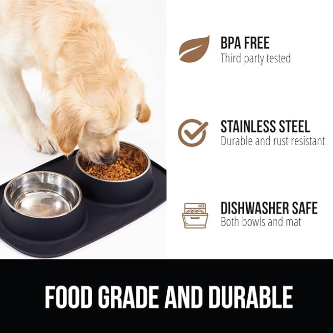 GORILLA GRIP Feeding Mat Set, 4 Cup, Patent Pending 100% Waterproof BPA Free Silicone, Stainless Steel Cat and Dog Bowls, Slip Resistant, High Edges Catch Water Food, US Designed Pet Accessories Black