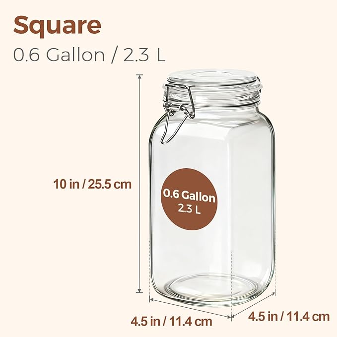 ComSaf Airtight Glass Jars with Lids 0.6 Gallon Set of 3, Food Storage Canister Square-Storage Container with Clear Preserving Seal Wire Clip Fastening for Kitchen Canning Flour, Cereal, Pasta, Bean