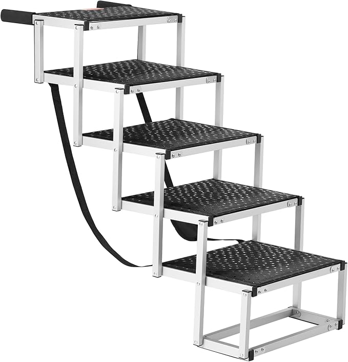 VEVOR Dog Stair for Cars, Wide 5-Step Dog Car Steps, Folding Dog Car Ramp with Nonslip Surface, Portable Pet Steps Lightweight Aluminum for Car, SUV and Truck, Supports up to 150 lbs