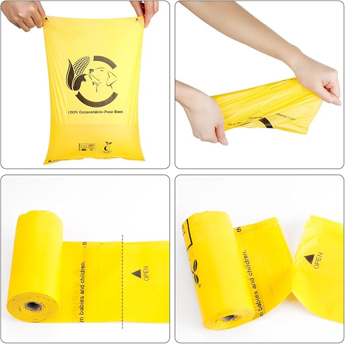 Certified Compostable Dog Poop Bags, 120 Count Landfill Friendly and Leakproof Waste Bags, Easy Open Unscented Maize Yellow Poop Bag for Dog, 15 Doggy Bags Per Roll (8 rolls)