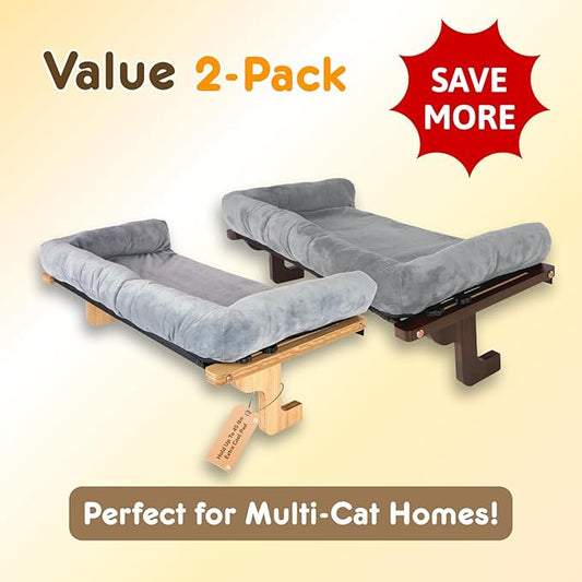 2 Pack Cat Window Perch with Cushion Bolster and Cool Pad, Cat Hammocks for Windows with Wood & Robust Metal Frame for Large Cats (Natural & Walnut Wood with Gray Cushion, 24" W)