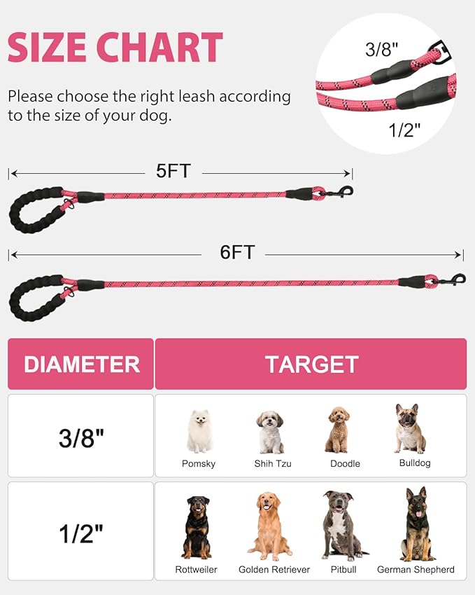 Joytale Dog Leash for Large Dogs, Heavy Duty Nylon Leashes with Comfortable Padded Handle and Highly Reflective Threads, Ideal for Walking and Training, Pink, 6'횞1/2''