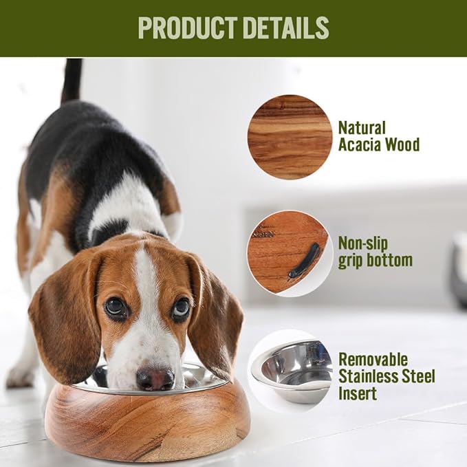 Selly’s Den Wood Belly Pet Bowl - Low Profile Elevated Wood Base with Stainless Steel Insert, For Dogs, Cats, Non Slip and Spill Resistant Base (24 Oz)