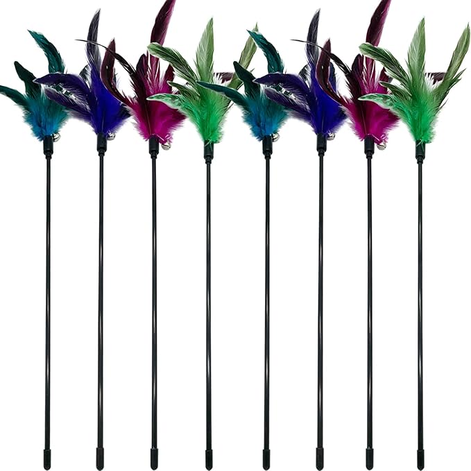 Cat Wand Toy Feather Stick Cat Toys, 8 Pieces Interactive Cat Toy Feathers Wand for Indoor Cats