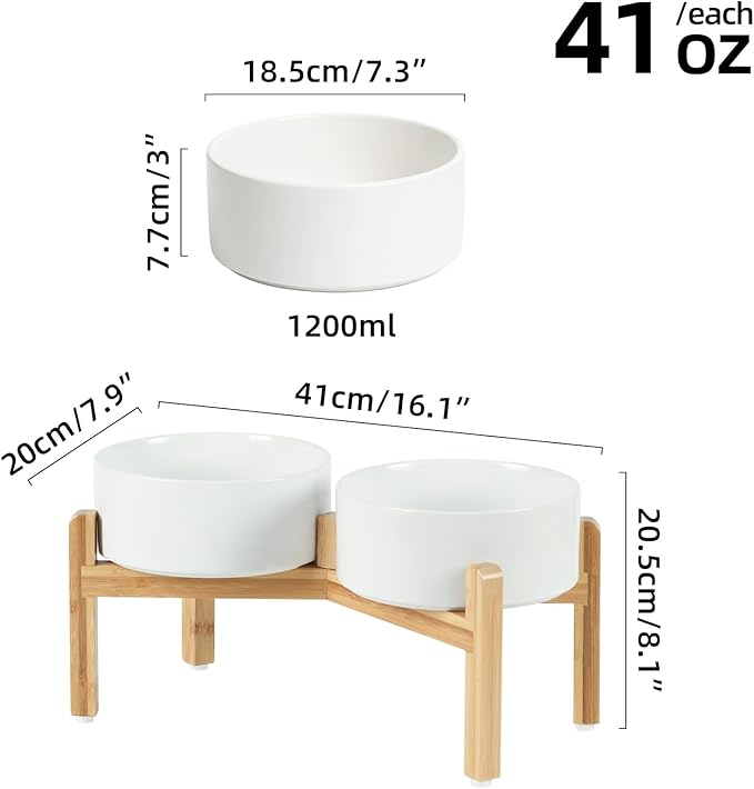 Ceramic Raised Double Bowls Set with Stand, Food & Water Bowls for Medium Breed Dogs, Weighted Dog Dishes, Pet Bowl(7.3'',41OZ, White)