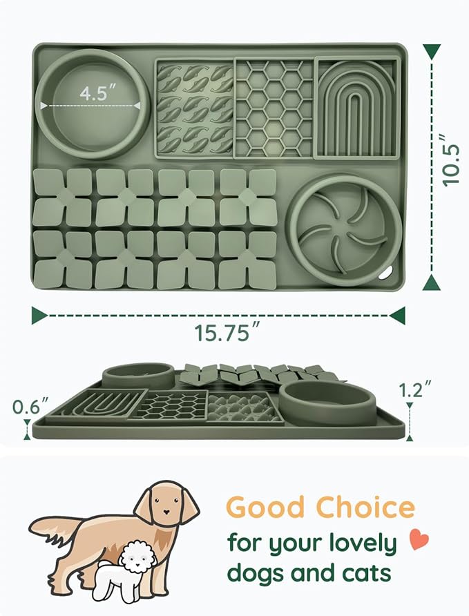 Slow Feeder Bowl, Silicone Lick Mat with Suction Cups for Dog Cat, Snuffle Mat for Pet Smell Training, Puzzle Toys for Bored Puppy, Interactive Sniff Mat for Slow Eating & Keep Busy, Dark Green