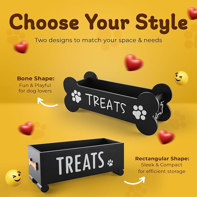 Dog Treat Container - Includes 3 Treat Jars, 1 Treat Bag, Wooden Pet Treat Holder, storage Basket, Dog Treat Station, with Reusable Sticker & Marker - Bone Shape