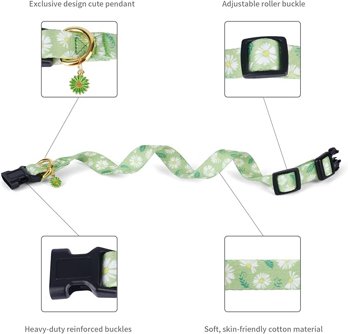 Cotton Handmade Dog Collar for Small Medium Large Dogs,Green Daisy with Pendant Cute Dog Collars (Large)