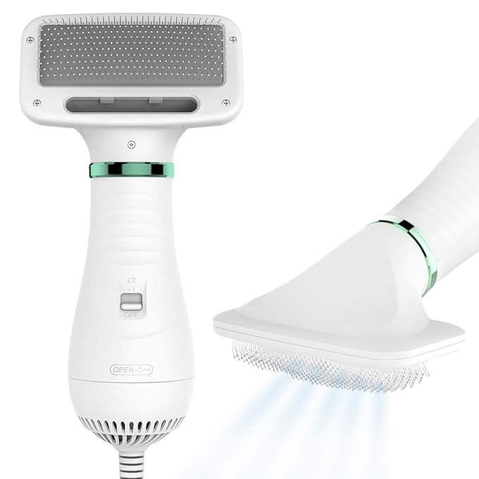 2-in-1 Dog Dryer with Slicker Brush for Small Dogs and Cats, Pet Hair Dryer, Dog Blow Dryer for Grooming with 300 Watts, 75-85 dB, Adjustable Temperature, Overheat Protection