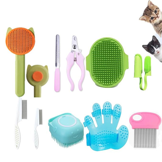 10PCS Cat & Dog Grooming Kit, Self-Cleaning Brush Removes Loose Hair, Pet Bath Brush, Massage Glove, Nail Clipper, Flea Comb