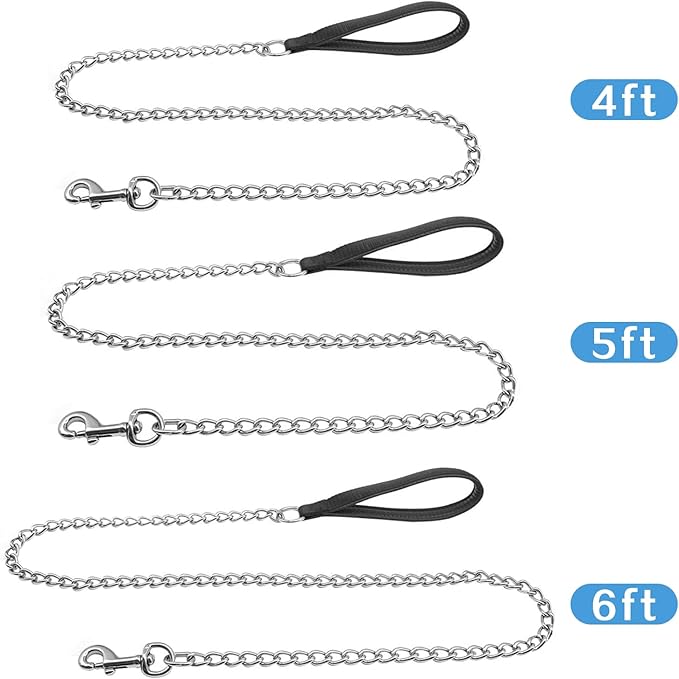 Chain Heavy Duty Metal Dog Leash, 4FTx3mm Chew Proof Pet Leash Chain with Soft Padded Handle for Large & Medium Size Dogs Walking, Training and Traveling (0-80 lbs)