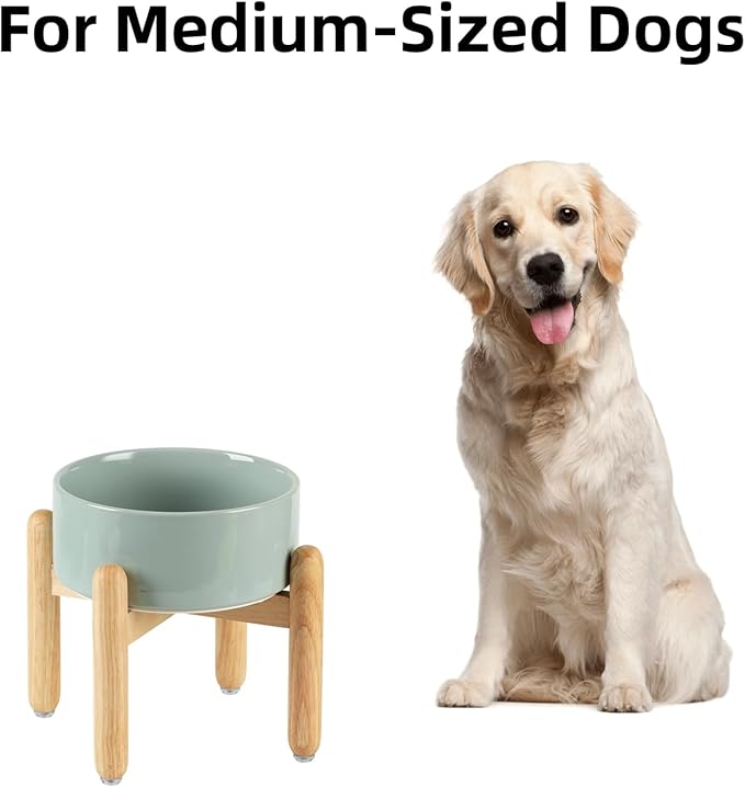 Ceramic 7.3inch Raised Dog Bowl Set, Elevated with Wooden Stand, Food and Water Bowl for Medium Breed Dogs, Weighted Dog Dishes, Pet Feeder(Light Green)