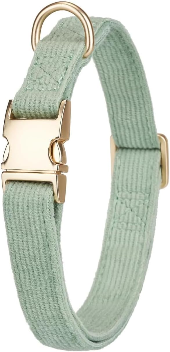 Cotton Fibric Dog Collar with High Grade Metal Buckle, for Small Dogs(Light Green,Small:10-15")