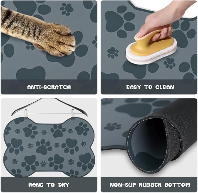 Dog Food Mats for Floors Waterproof, Pet Feeding Absorbent Water Bowl Mat Cat Placemats Gray Bone Shape 25.5 * 17 inch