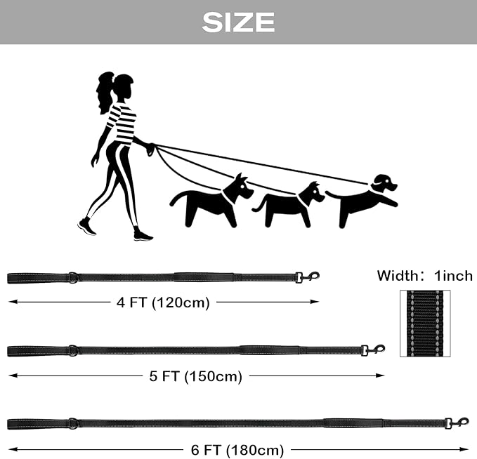 Joytale Dog Leash Heavy Duty for Large Dogs That Pull, Double Handle for Traffic Control, Double-Sided Reflective Leashes for Large Medium Dogs Night Safety, 6FT, Black