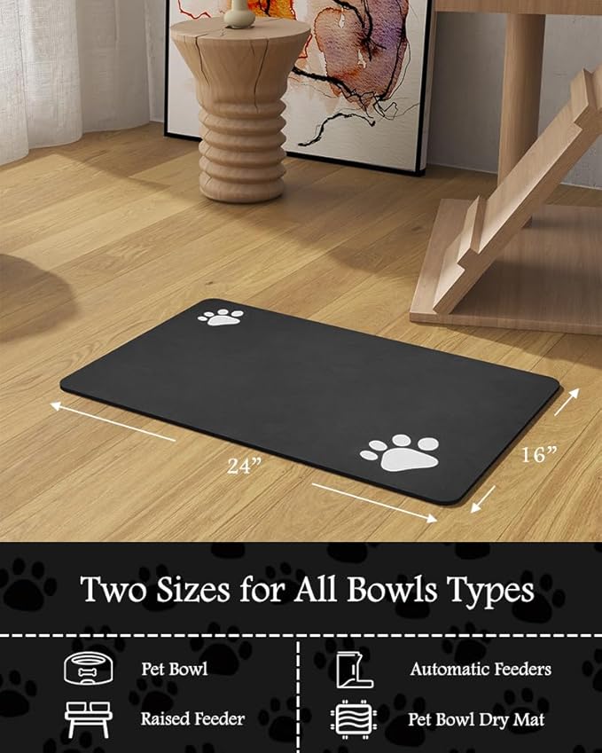 Pet Feeding Mat-Absorbent Dog Mat for Food and Water Bowl-No Stains Quick Dry Water Dispenser Mat-Dog Accessories Pet Supplies-Bowl for Messy Drinkers（Black,16"x24"