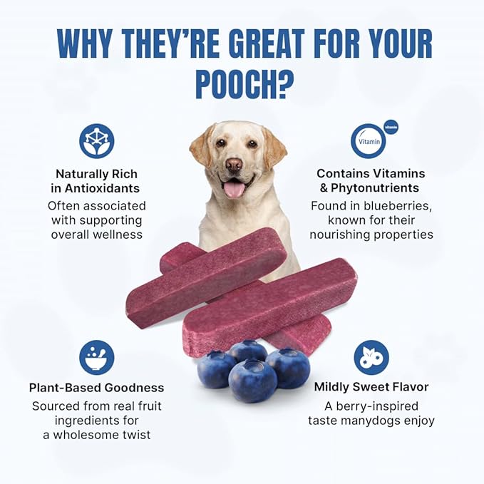 Tibetan Dog Chew Yak Cheese Sticks (3 Large Chews) Blueberry Flavored - Handmade Treats for Large Dogs, Long-Lasting, Easy to Digest, Grain-Free, Gluten-Free, for Aggressive Chewers