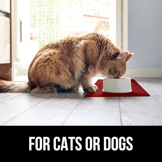 GORILLA GRIP 100% Waterproof Raised Edge BPA Free Silicone Pet Feeding Mat, Dog Cat Food Mats Contain Spills Protects Floors, Placemats for Cats and Dogs Water Bowl, Pets Accessories 18.5x11.5 Red
