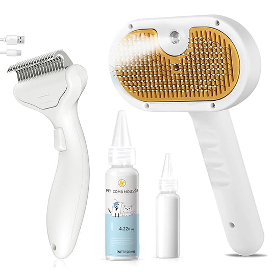 3-in-1 Pet Steam Brush Set for Dogs & Cats, Grooming Comb with Spray, Defur Tool, Water-Assisted Hair Removal, Spritz Brush, Multi-Purpose Kit, Undercoat Rake, Deshedding Brushes, Dematting Brush.