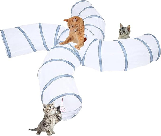 EGETOTA Cat Tunnel for Indoor Cats Large, with Play Ball S-Shape 4 Way Collapsible Interactive Peek Hole Pet Tube Toys, Puppy, Kitty, Kitten, Rabbit (S4 - White & Grey)