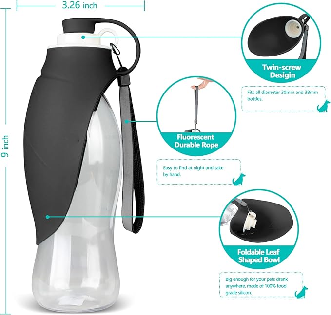 Dog Water Bottle, Portable Pet Water Dispenser Feeder Leak Proof with Drinking Cup Dish Bowl for Outdoor Walking, Hiking, Travel, 20OZ Water Bottle Fit for Small to Large Dogs and Cats Black