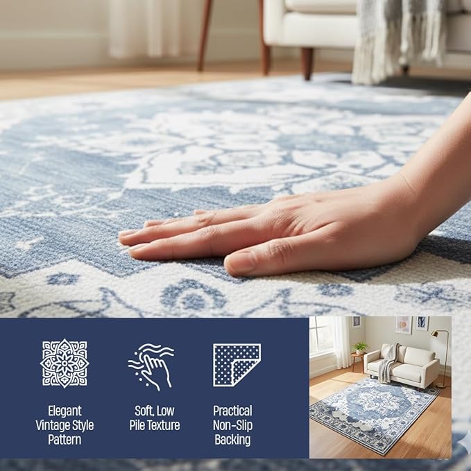 Muddy Mat짰 Navybell 2ft x 10ft Washable Area Rugs for Living Room, Bedroom & Dining Room ??Modern Soft Low Pile Non Slip Carpet ??Pet Friendly Waterproof Foldable Rugs for Home
