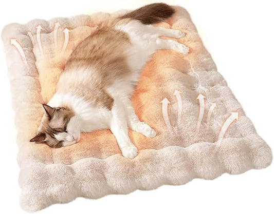Self-Warming Cat Bed, Plush Faux Fur Pet Bed Mat with Anti-Slip Bottom, Ultra Soft Heated Pad for Cats & Kittens, Cozy Fluffy Bed for Window & Sills Couches, Machine Washable, 23x15 Inch White