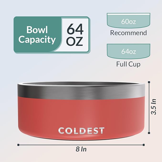 Coldest Dog Bowl - Anti Rust Metal, Non Slip, 3 Layers Insulated Stainless Steel Dog Bowls - Spill Proof & Heavy Duty - Water Bowl for Dogs, Cats & Pets, Dish Washer Safe (64 oz, Crimson Red)