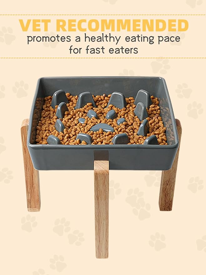 GDCZ Dog Slow Feeder Bowls, Square Ceramic Pet Food Bowl for Medium Breed, Fun Dog Bowls to Slow Down Eating (Grey, M-1.8 Cups+Stand)