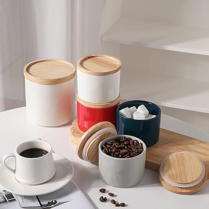 Sweejar Kitchen Canisters Ceramic Food Storage Jar, Stackable Containers with Airtight Seal Wooden Lid for Serving Ground Coffee, Tea, Sugar, Spice and More - 5 Fl Oz(Navy)