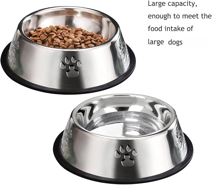 YUDANSI 2 Stainless Steel Dog Bowls, Puppy Kitten Feeding Bowls, Shallow Cat Dish with Rubber Base, Mini and Small Pet Feeder Food Water Plate (S-11oz)