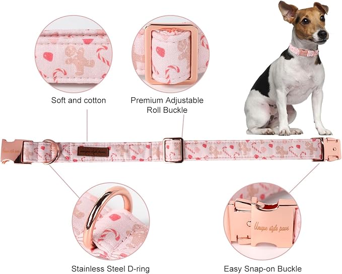 Unique style paws Christmas Dog Collar Metal Buckle Pink Gingerbread Puppy Collar Gift Durable Cute Collar for Small Medium Large Boys Girls Dogs