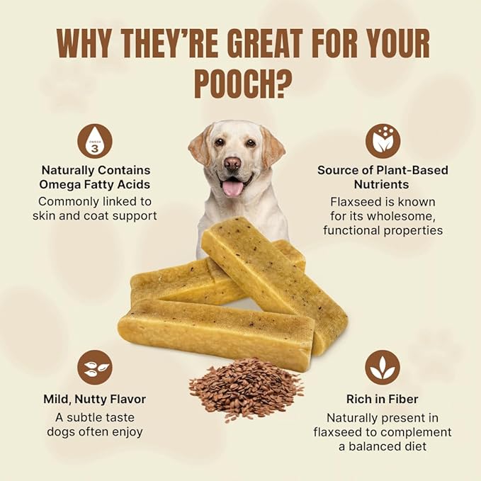 Tibetan Yak Cheese Dog Chew Sticks (4 Medium Chews) Flaxseed Flavored - Natural, Handmade, Long-Lasting, Easy to Digest, Ideal for Medium Dogs and Aggressive Chewers, Rawhide, Grain and Gluten Free