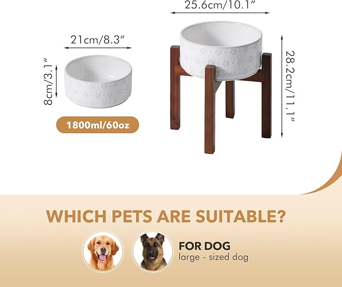 8.2inch Ceramic Raised Dog Bowl Set, Elevated Dog Bowl with Acacia Wood Stand, Food and Water Bowl for Large Breed Dogs, Weighted Pet Dishes(60oz, Arctic White)