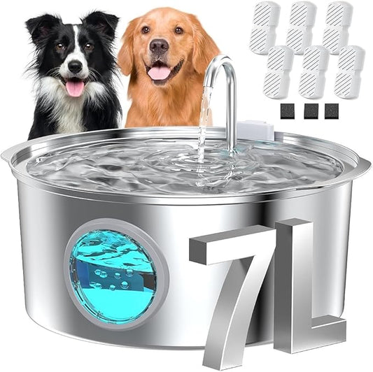 Pet Water Fountain for Large Dogs: Metal Dog Water Fountain - Silent Big Cat Fountains - 7L/236oz/1.8G Dog Drinking Fountains Inside - GROOKPET Water Fountains for Pets Indoor Large - 9 Filters