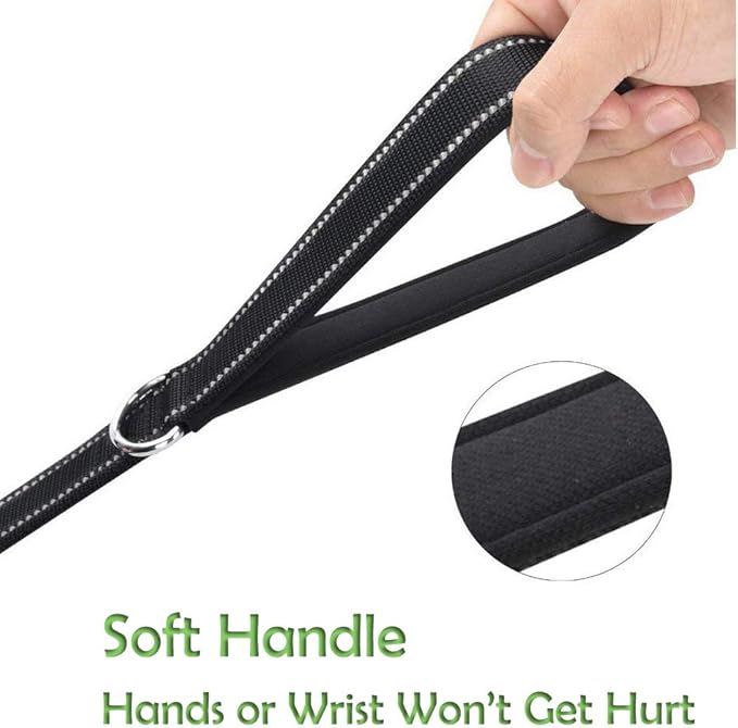 Dog Leash for Large Dogs, Traffic Padded 2 Handles for Extra Control, 6 FT Long with Reflective Stitch for Night Walking Black