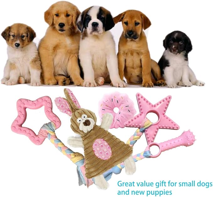 Puppy Toys for Teething, Puppy Chew Toys for Small Dogs, Crinkle Dog Toys Small Breed Boredom and stimulating, Dog Toys for Small Dogs, Pink, 5-Pack