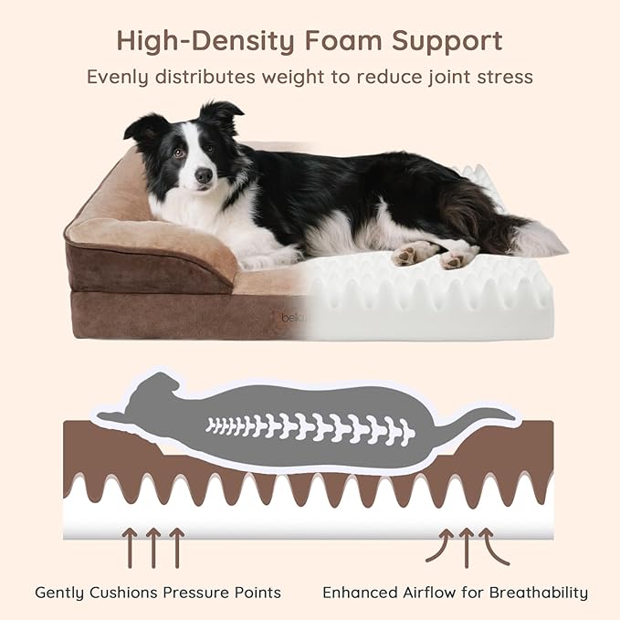 BELLA & PAL Orthopedic Dog Sofa Bed for Medium/Large Dogs – No Assembly Needed, Chew-Proof Egg-Crate Foam Dog Couch with Waterproof Liner, Washable Removable Cover (Brown, 28" L x 23" W x 6" Th)