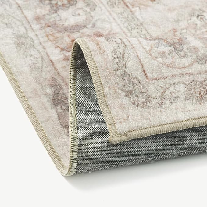 3x5 Area Rug Entryway Beige Washable Vintage Carpet Office Small Indoor Non Slip Soft Low Pile Thin Stain Resistant Distressed Accent Throw Rug for Entrance Bedroom Dining Living Room