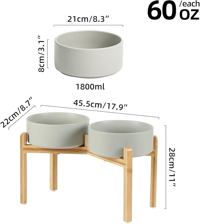 Ceramic Raised Double Bowls Set with Stand, Food & Water Bowls for Large Breed Dogs, Weighted Dog Dishes, Pet Bowl(8.2'',60OZ, Grey)