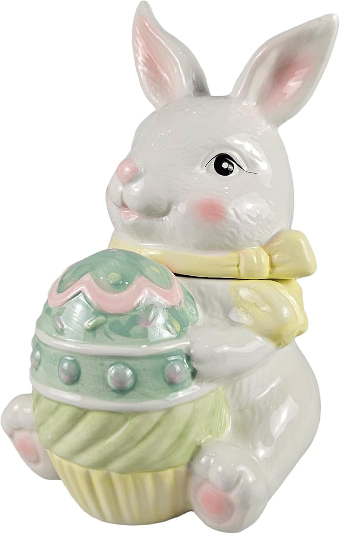 Hanna's Handiworks Easter Egg Bunny Cookie Jar – Ceramic Bowl Canister with Lid for Holiday Sweets, Desserts or Jelly Beans – Kitchen Countertop Decor for Parties at Home, Office, & School