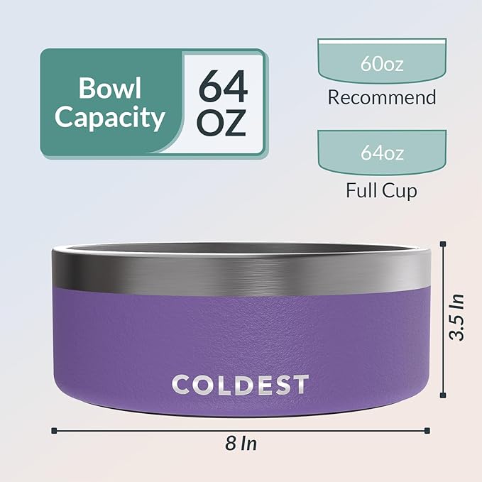 Coldest Dog Bowl - Anti Rust Metal, Non Slip, 3 Layers Insulated Stainless Steel Dog Bowls - Spill Proof & Heavy Duty - Water Bowl for Dogs, Cats & Pets, Dish Washer Safe (64 oz, Galaxy Purple)