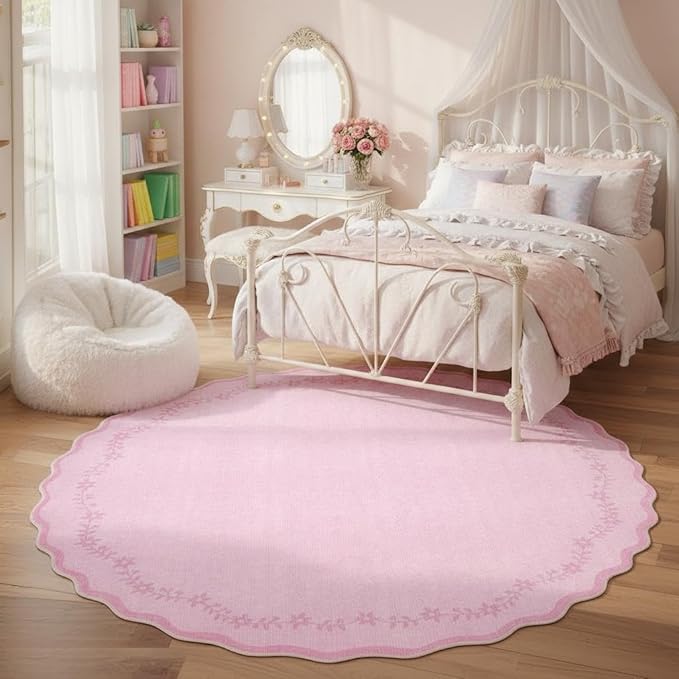 GarveeHome Round Area Rugs 5ft for Bedroom, Solid Pink Washable Circle Rug Soft Non Slip Floral Print Floor Mat Carpet Indoor Thin Rug for Kids Room Dining Room Playroom Nursery