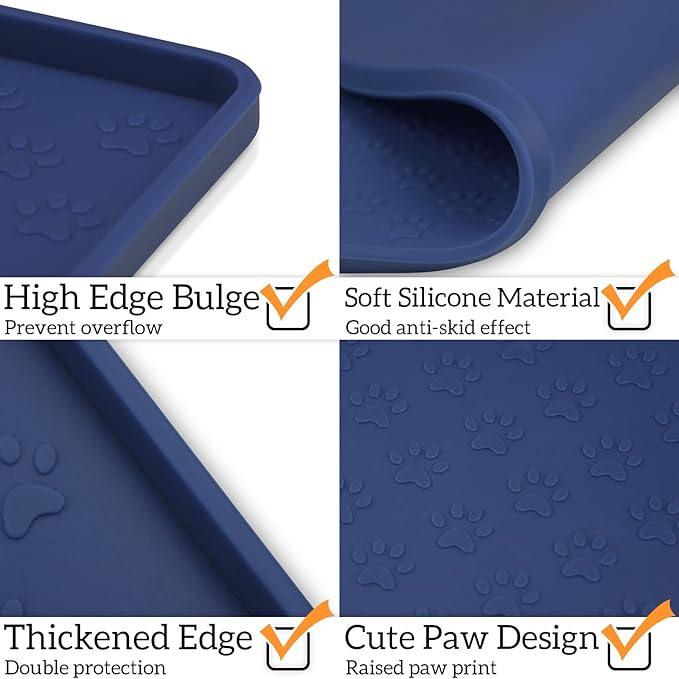 Ptlom Silicone Pet Placemat for Dog and Cat, Waterproof Anti-Slip Pet Feeding Bowl Mats for Food and Water, Small Medium Large Tray Mat Prevent Residues from Spilling to Floor, Navy Blue, 31.5" 23.6"